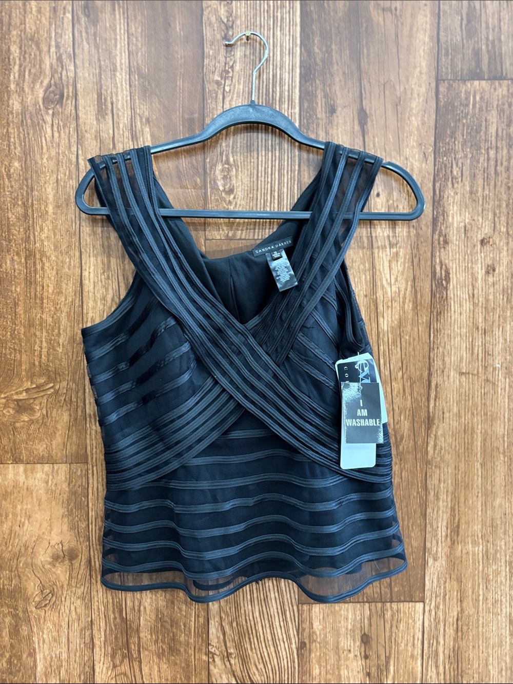 Sandra Darren Black Striped Mesh Overlay Tank Top